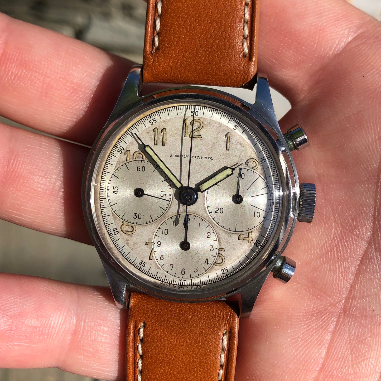 Vintage Abercrombie & Fitch Co. 59322 Heuer Chronograph Valjoux 71 Manual Steel Wristwatch - Hashtag Watch Company