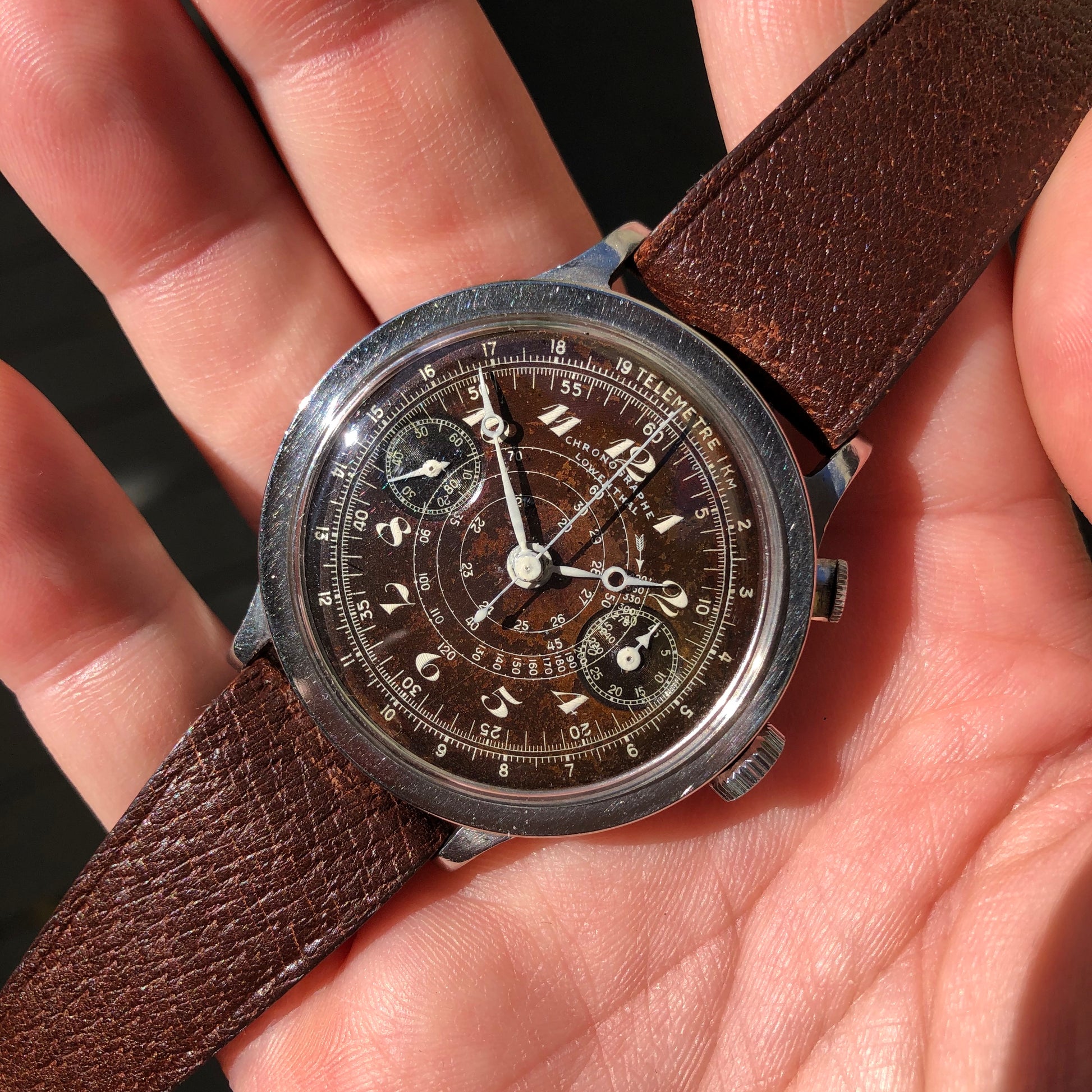 Vintage Lowenthal Single Button Chronograph Tropical Chocolate Manual Wind Wristwatch - Hashtag Watch Company