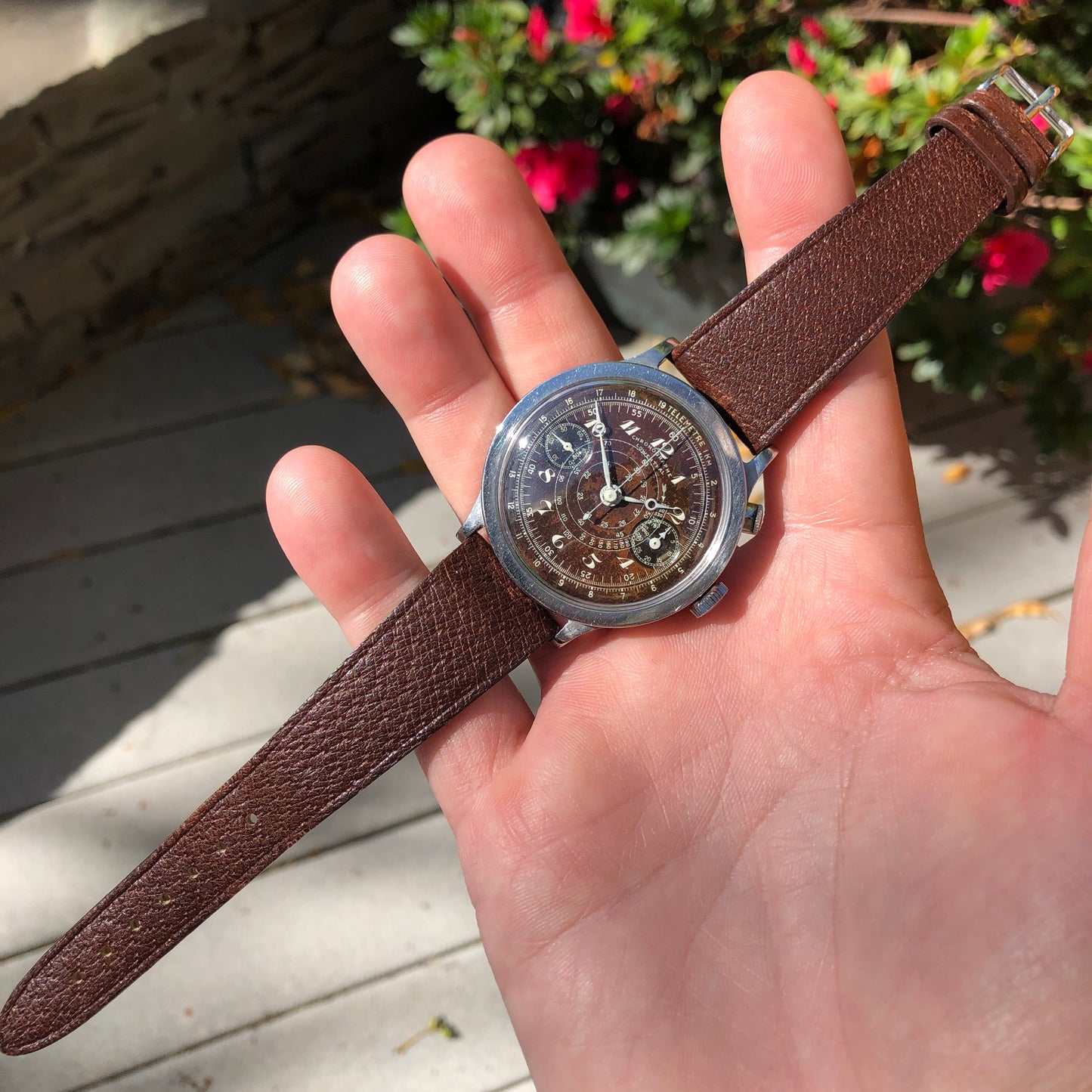 Vintage Lowenthal Single Button Chronograph Tropical Chocolate Manual Wind Wristwatch - Hashtag Watch Company