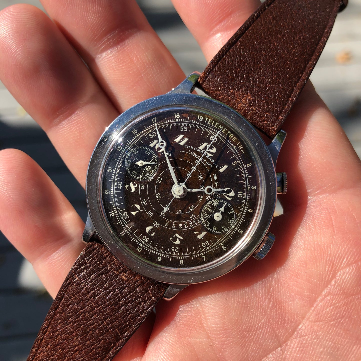 Vintage Lowenthal Single Button Chronograph Tropical Chocolate Manual Wind Wristwatch - Hashtag Watch Company