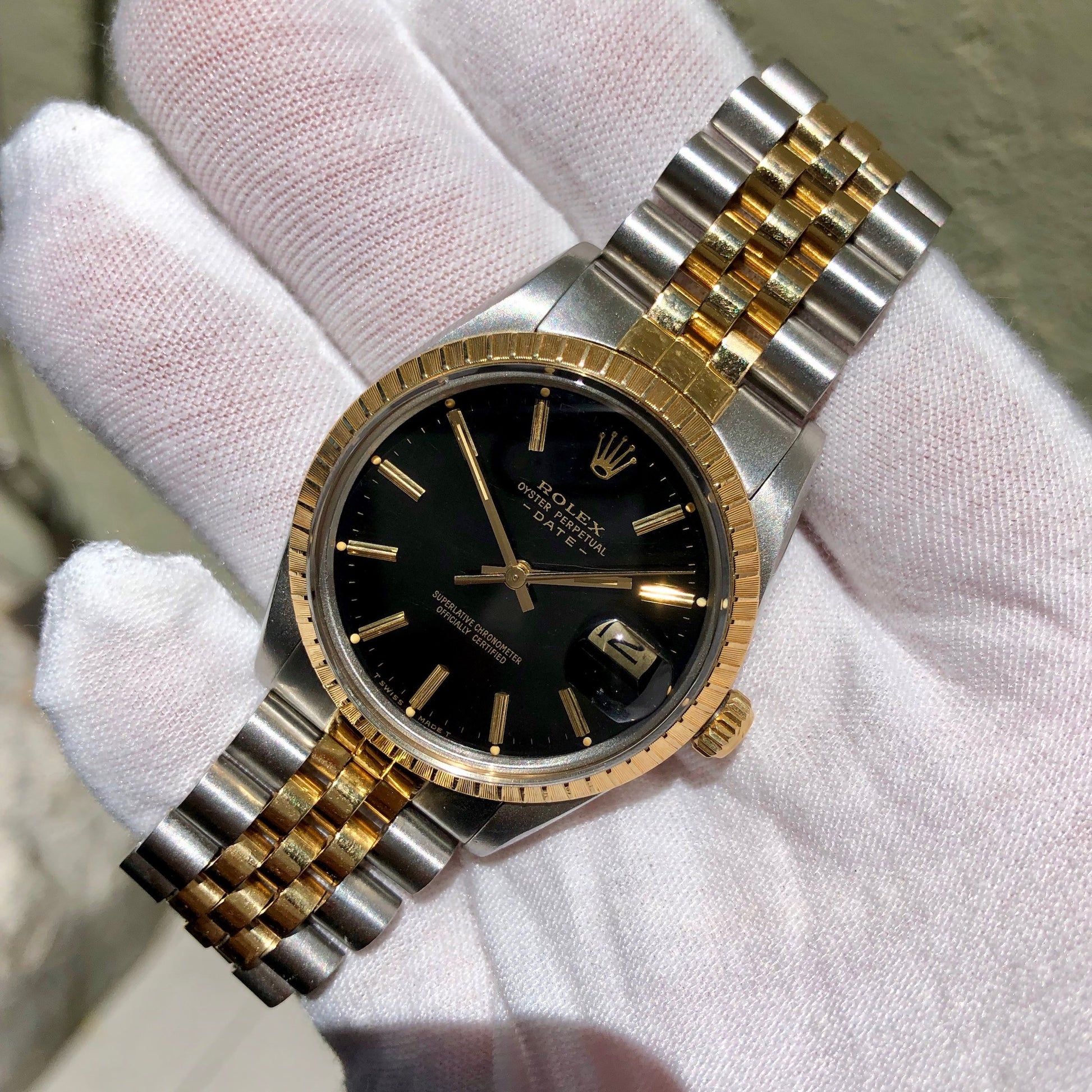 Vintage Rolex Date 15053 Two Tone Steel 18K Yellow Gold Black Jubilee Wristwatch Circa 1984 - Hashtag Watch Company