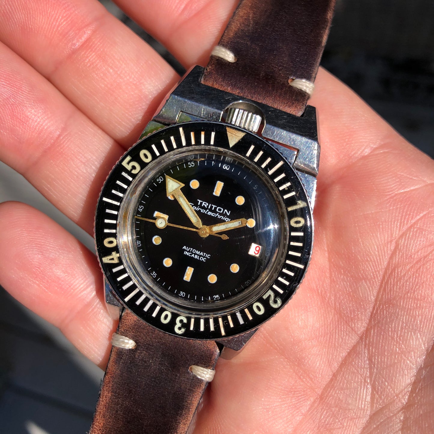 Vintage Triton Spirotechnique Diving Bakelite Roulette Date Automatic Wristwatch - Hashtag Watch Company