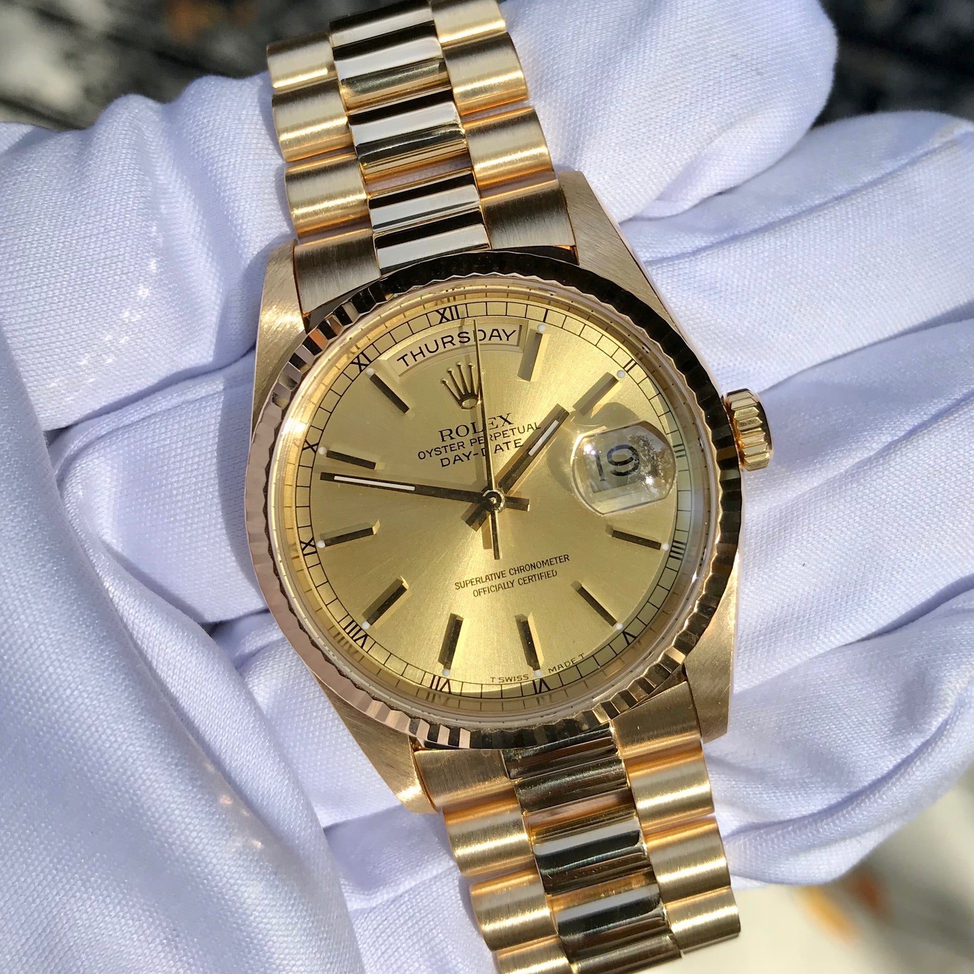 Rolex President 18238 Day Date 18K Yellow Gold Champagne Stick "A" Serial 1999 Box Papers MINT - Hashtag Watch Company