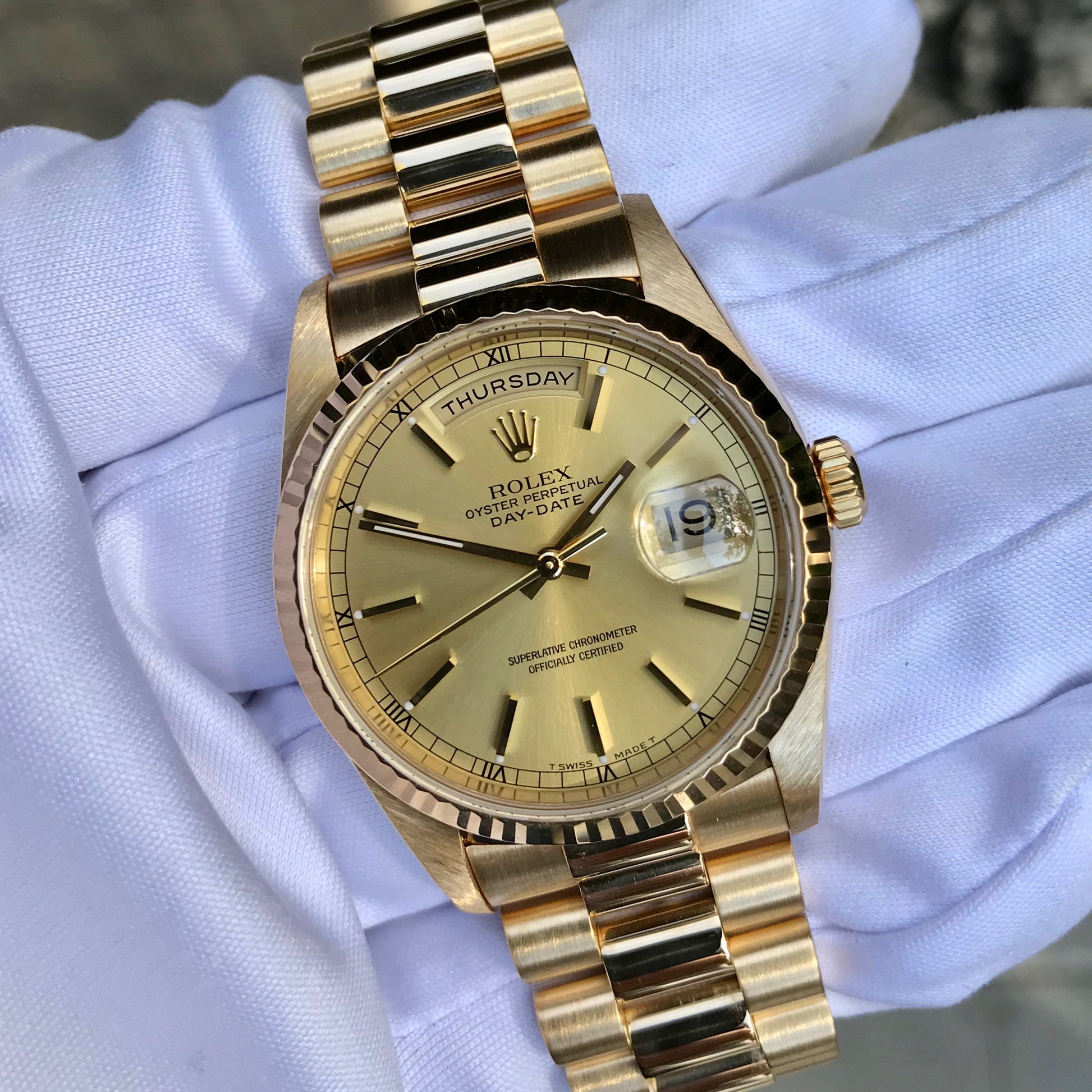 Rolex President 18238 Day Date 18K Yellow Gold Champagne Stick "A" Serial 1999 Box Papers MINT - Hashtag Watch Company