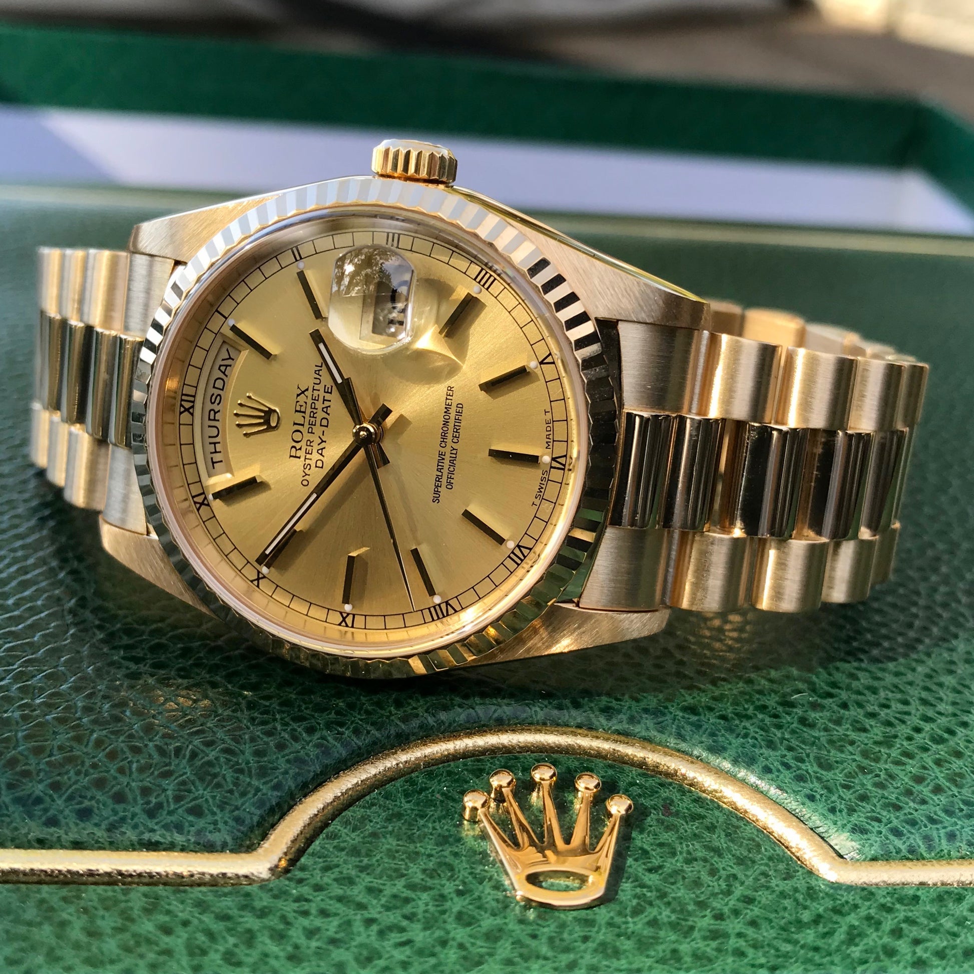 Rolex President 18238 Day Date 18K Yellow Gold Champagne Stick "A" Serial 1999 Box Papers MINT - Hashtag Watch Company