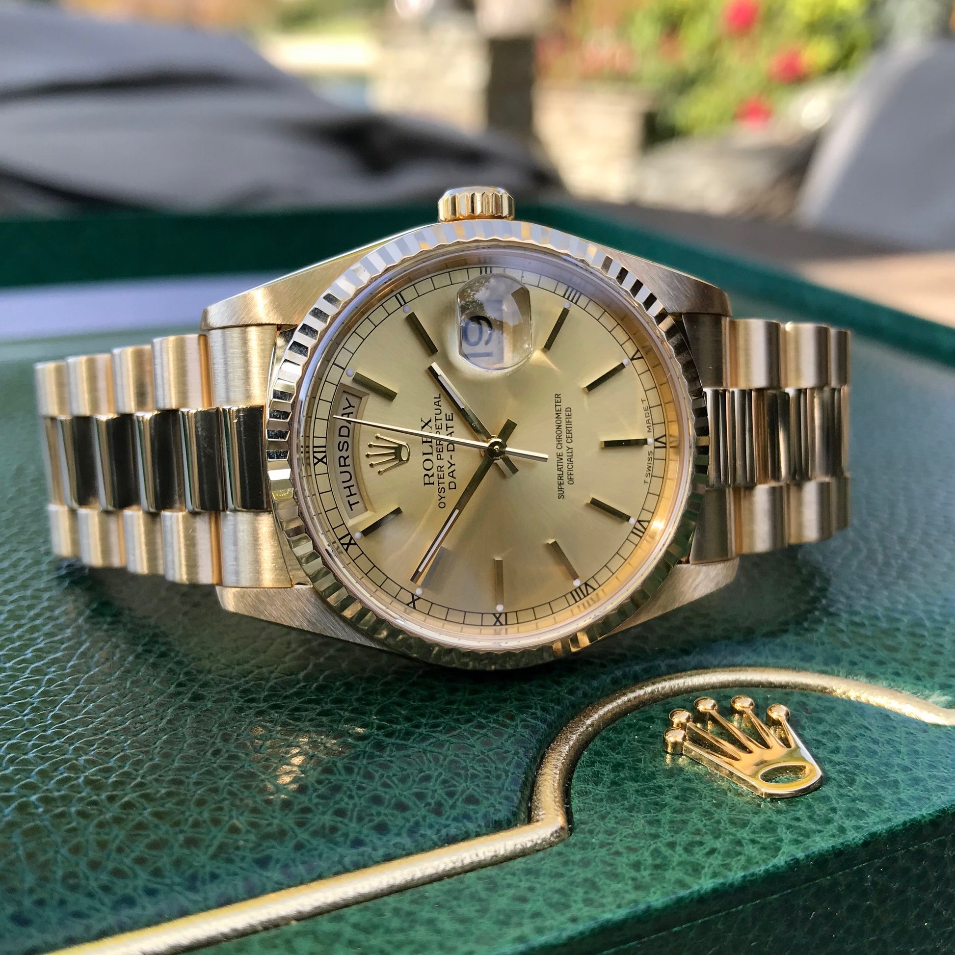 Rolex President 18238 Day Date 18K Yellow Gold Champagne Stick "A" Serial 1999 Box Papers MINT - Hashtag Watch Company