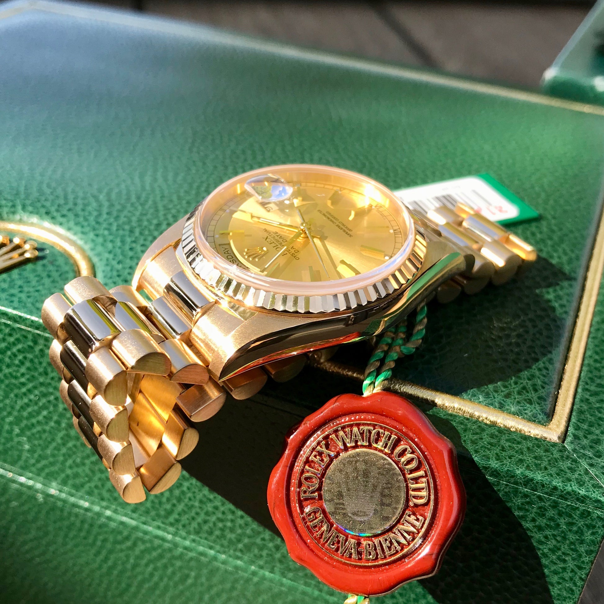 Rolex President 18238 Day Date 18K Yellow Gold Champagne Stick "A" Serial 1999 Box Papers MINT - Hashtag Watch Company