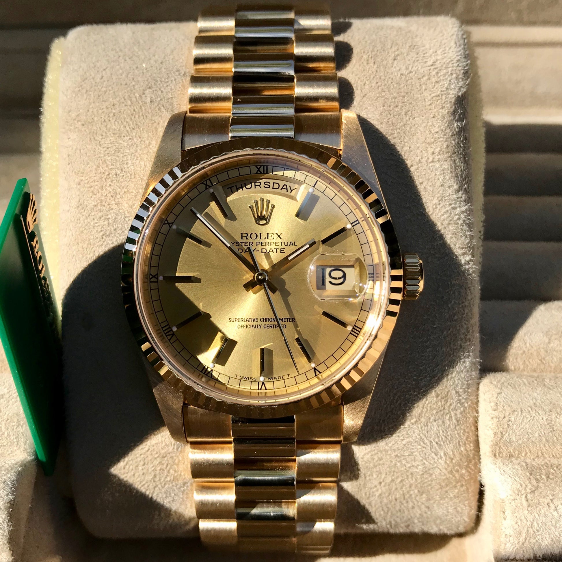 Rolex President 18238 Day Date 18K Yellow Gold Champagne Stick "A" Serial 1999 Box Papers MINT - Hashtag Watch Company