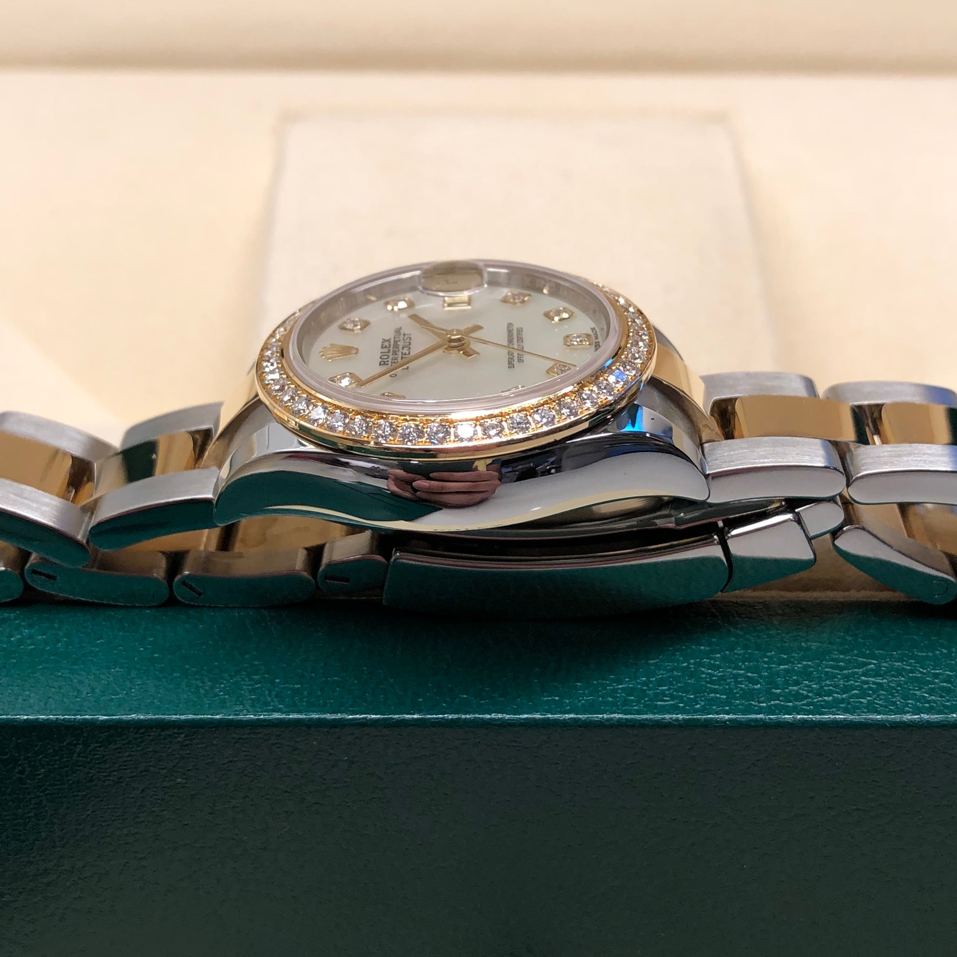 2019 Rolex Datejust 279383RBR Ladies Mother of Pearl Diamond Dial Bezel Oyster Two Tone Wristwatch Box Papers - Hashtag Watch Co.