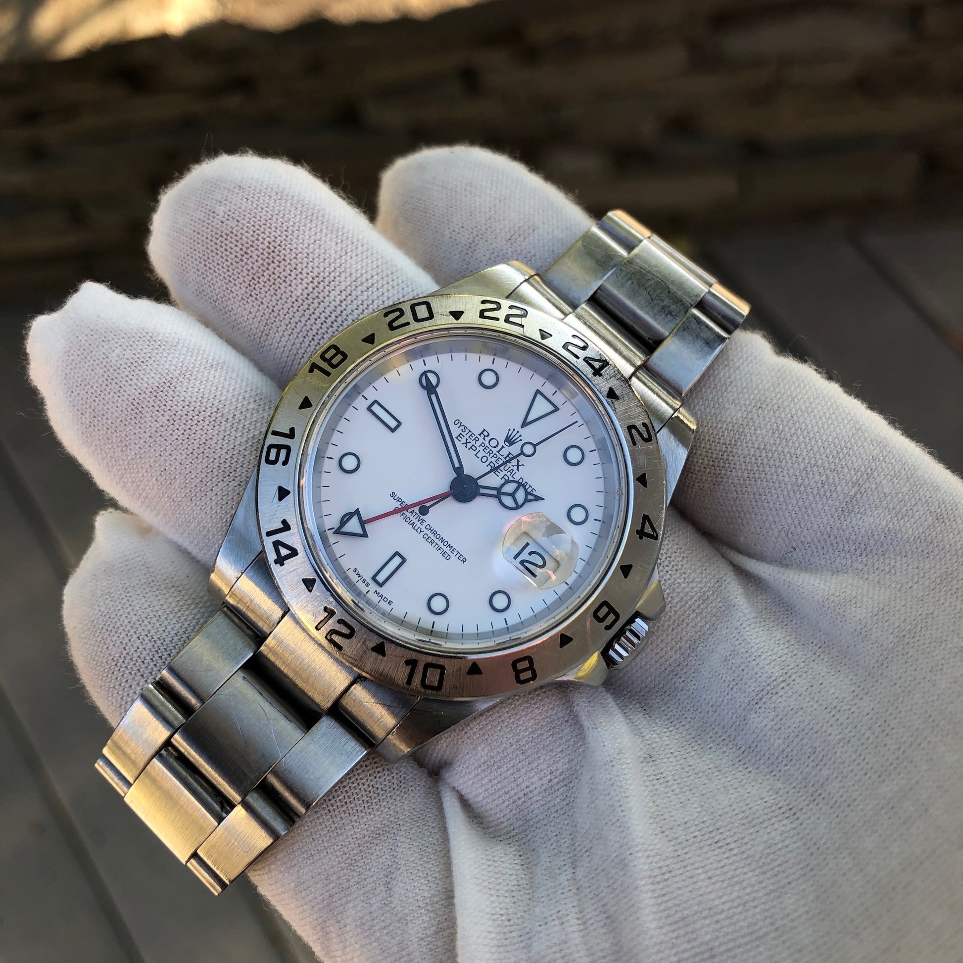 Rolex Explorer II 16570 White Stainless Steel GMT Oyster D Serial Wristwatch Circa 2005 - Hashtag Watch Company