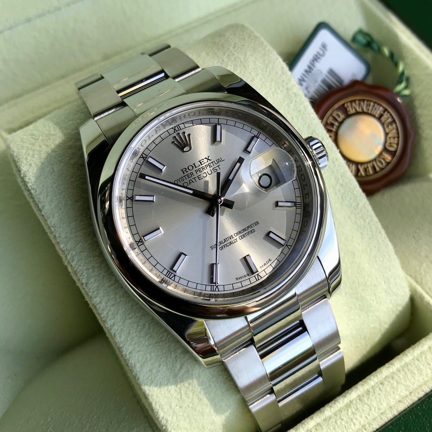 Rolex Datejust 116200 Oyster Perpetual Silver Stick Automatic Caliber 3135 Wristwatch - Hashtag Watch Company