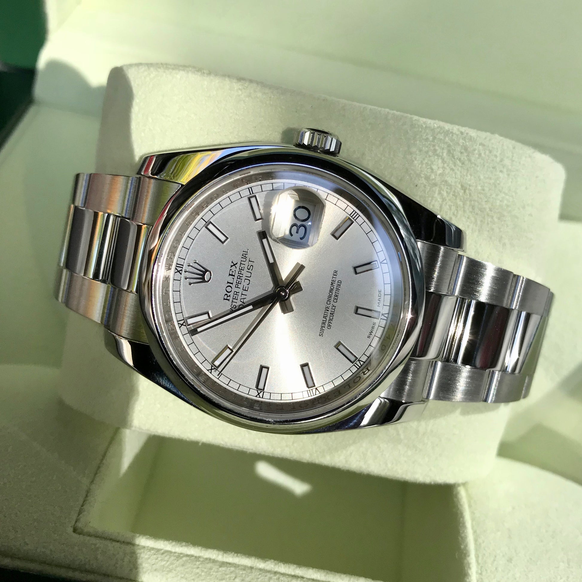 Rolex Datejust 116200 Oyster Perpetual Silver Stick Automatic Caliber 3135 Wristwatch - Hashtag Watch Company