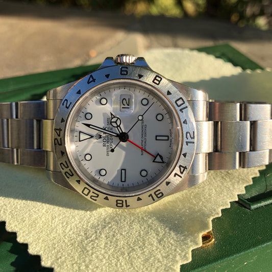 Rolex Explorer II 16570 White Stainless Steel GMT Oyster D Serial Wristwatch Circa 2005 - Hashtag Watch Company