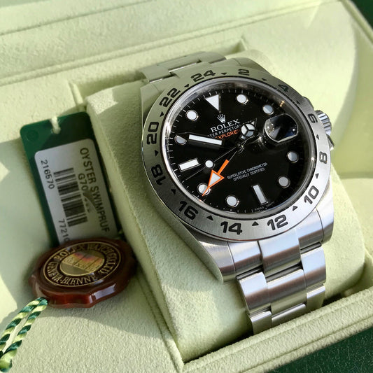 Rolex Explorer II 216570 Black GMT Oyster Perpetual Stainless Steel Wristwatch Box & Papers - Hashtag Watch Company