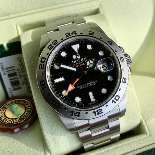 Rolex Explorer II 216570 Black GMT Oyster Perpetual Stainless Steel Wristwatch Box & Papers - Hashtag Watch Company