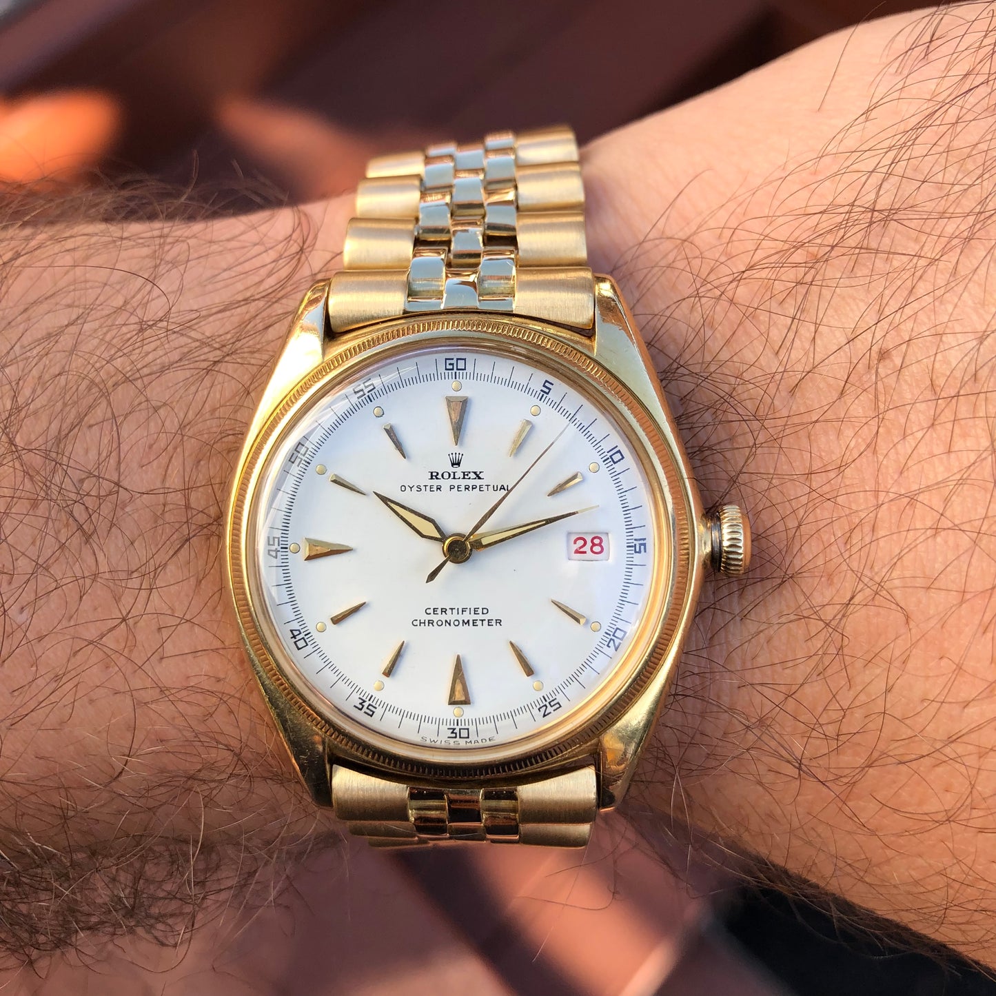 1946 Rolex Oyster Perpetual "Pre Datejust" 4467 Ovettone 18K Yellow Gold Roulette Date Wheel Automatic Wristwatch - Hashtag Watch Company