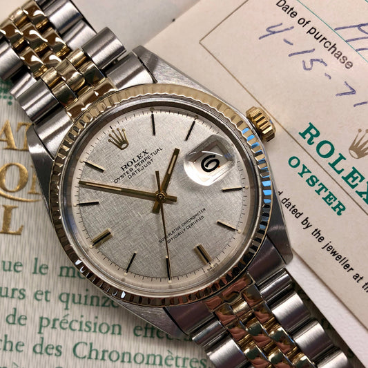 1971 Rolex Datejust 1601 Silver Linen Two Tone Jubilee Automatic Wristwatch with Punched Papers - Hashtag Watch Company