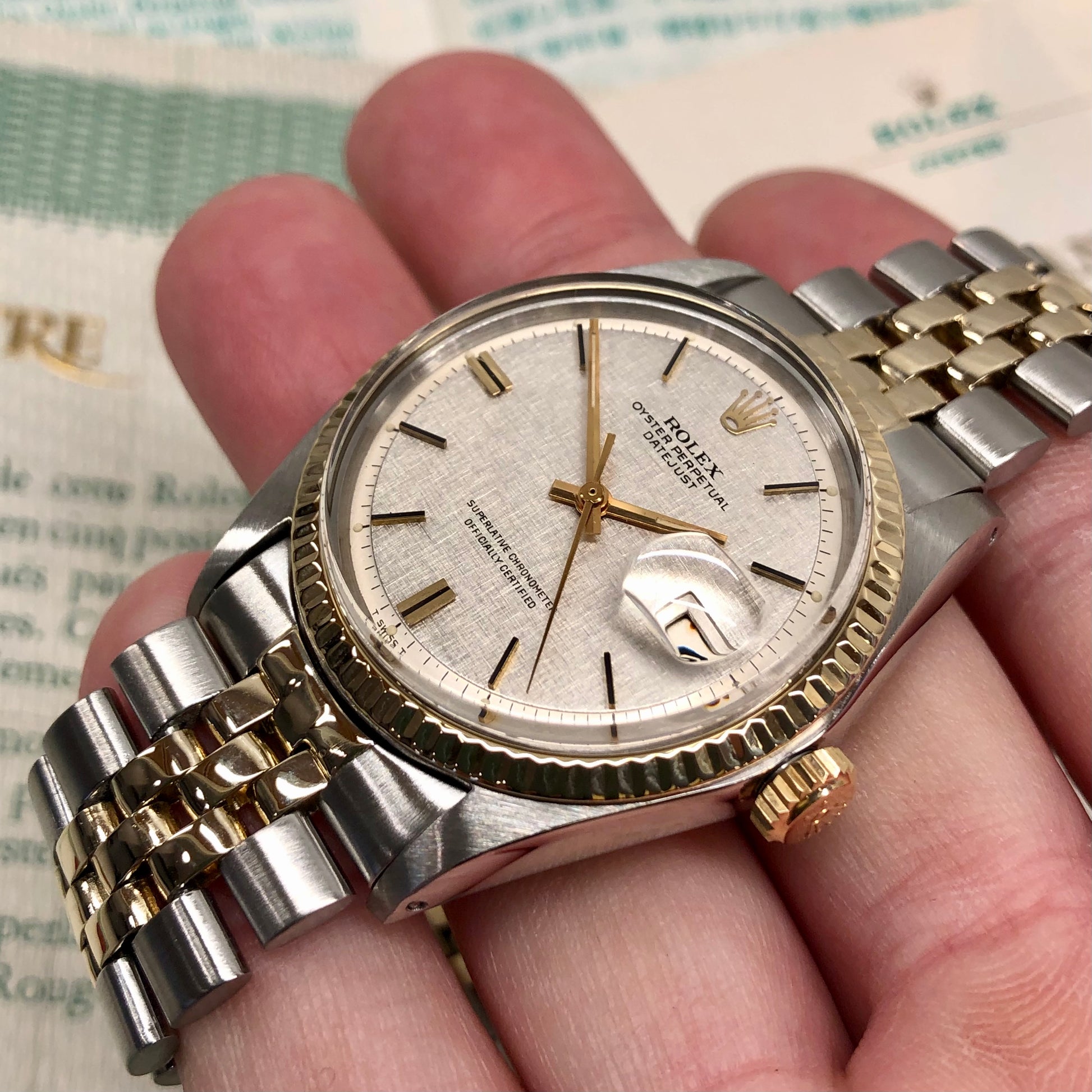 1971 Rolex Datejust 1601 Silver Linen Two Tone Jubilee Automatic Wristwatch with Punched Papers - Hashtag Watch Company