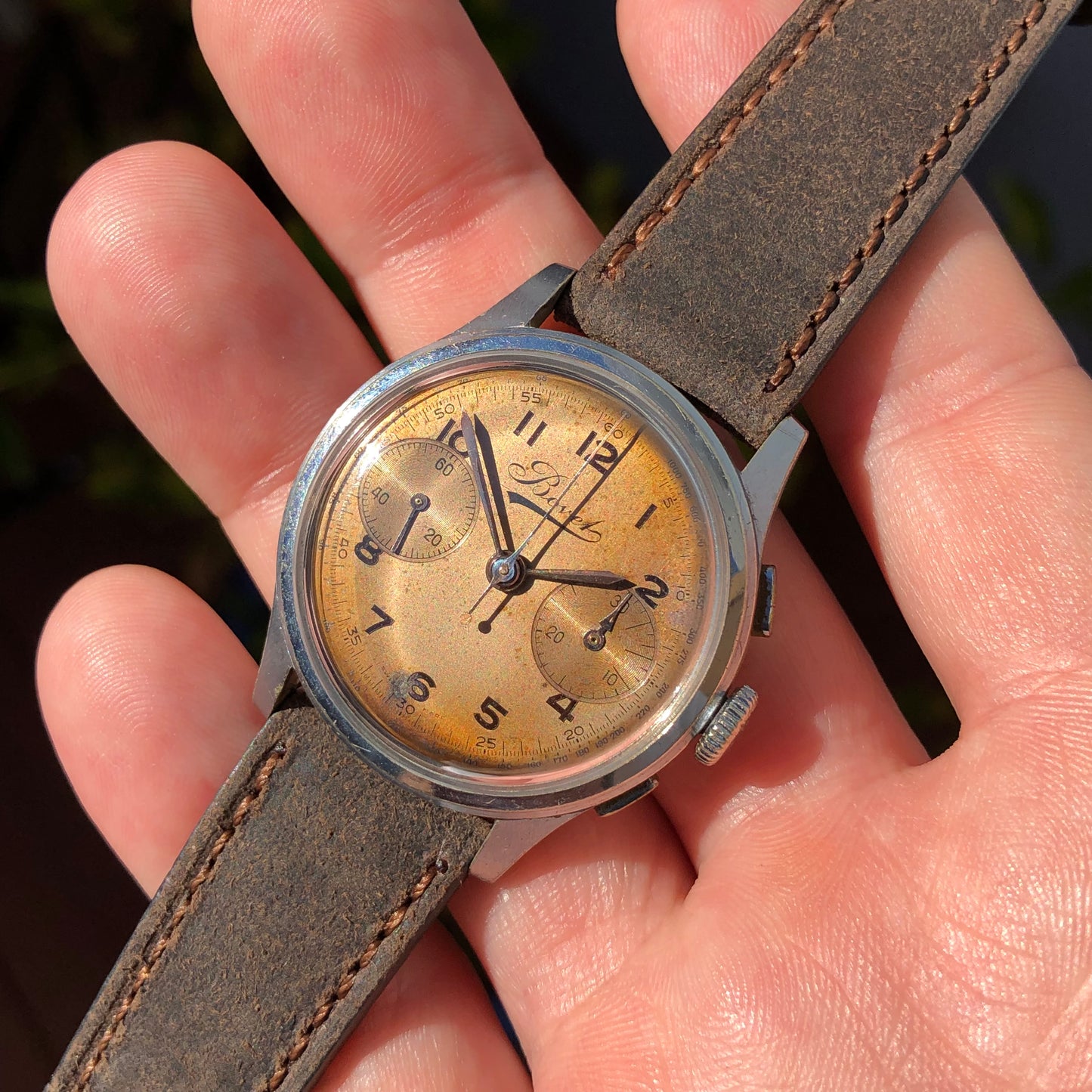 1950s Vintage Bovet Chronograph Manual Wind Tropical Patina Wristwatch - Hashtag Watch Company