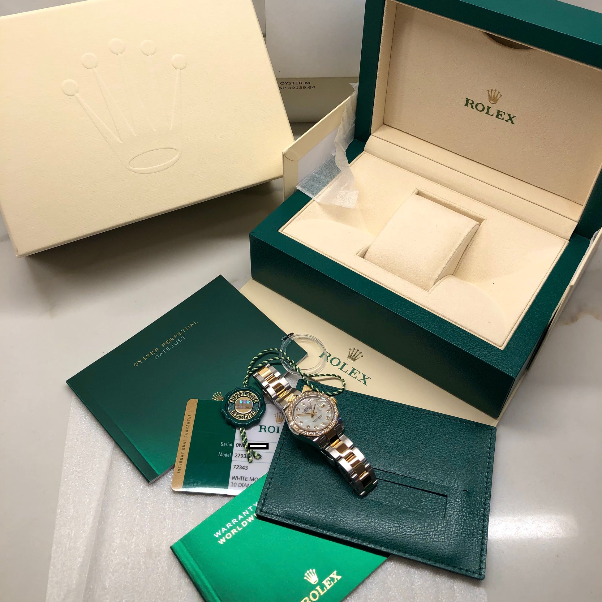 2019 Rolex Datejust 279383RBR Ladies Mother of Pearl Diamond Dial Bezel Oyster Two Tone Wristwatch Box Papers - Hashtag Watch Co.