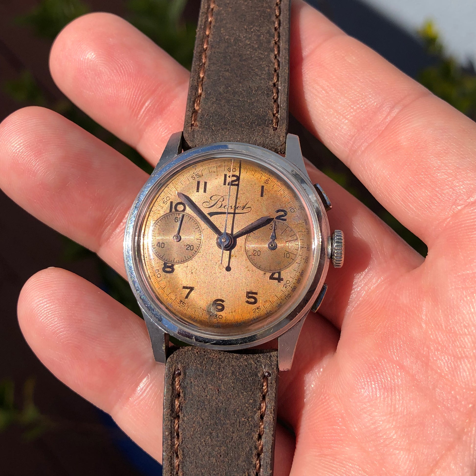 1950s Vintage Bovet Chronograph Manual Wind Tropical Patina Wristwatch - Hashtag Watch Company
