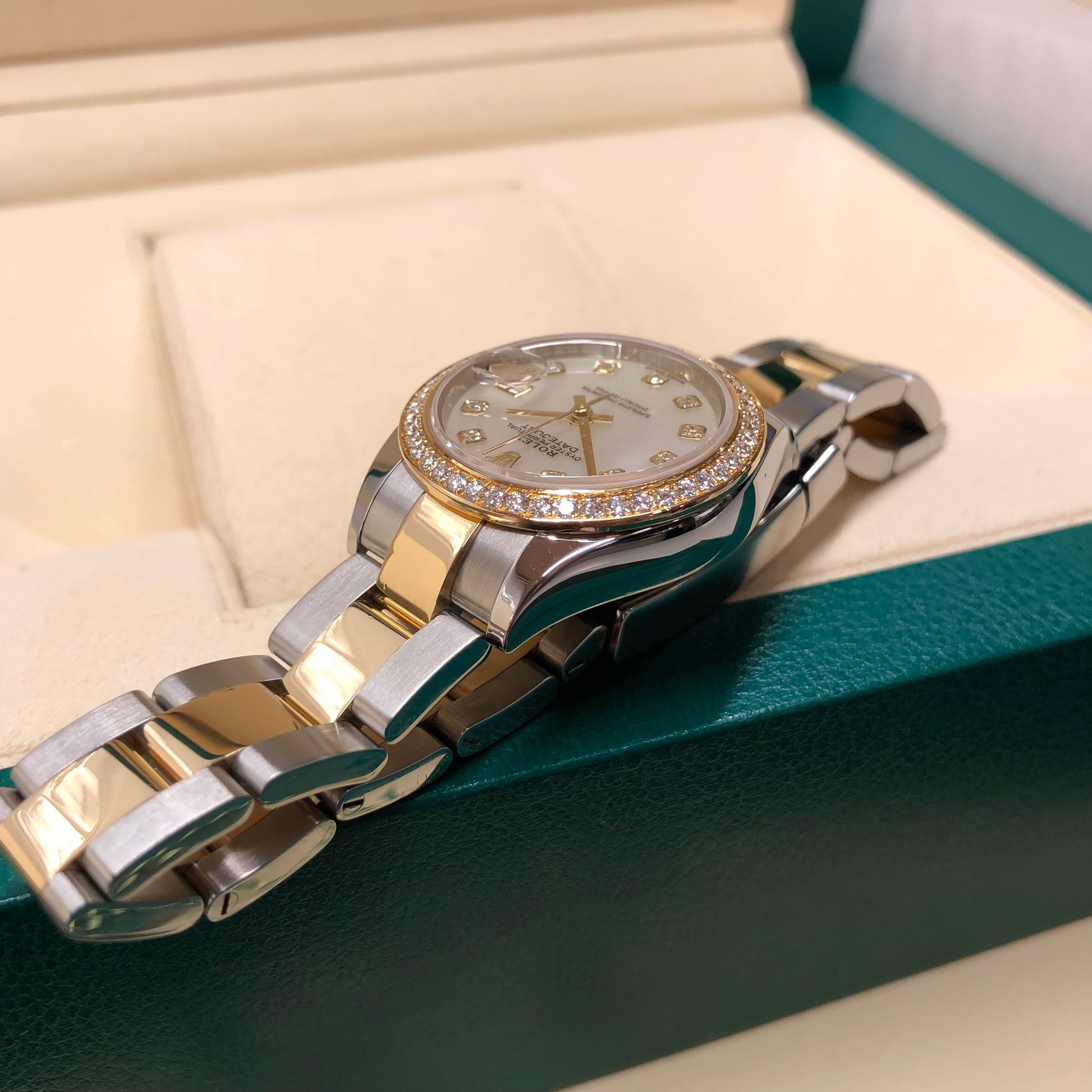 2019 Rolex Datejust 279383RBR Ladies Mother of Pearl Diamond Dial Bezel Oyster Two Tone Wristwatch Box Papers - Hashtag Watch Co.