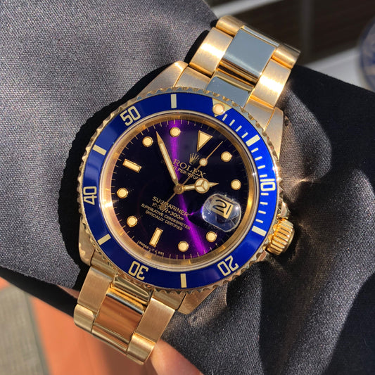 Vintage Rolex Submariner 16808 Purple Color Change 18K Yellow Gold Wristwatch Circa 1984 - Hashtag Watch Company