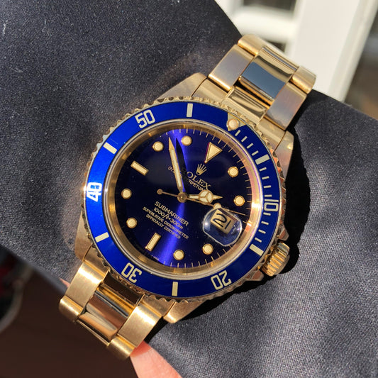 Vintage Rolex Submariner 16808 Purple Color Change 18K Yellow Gold Wristwatch Circa 1984 - Hashtag Watch Company