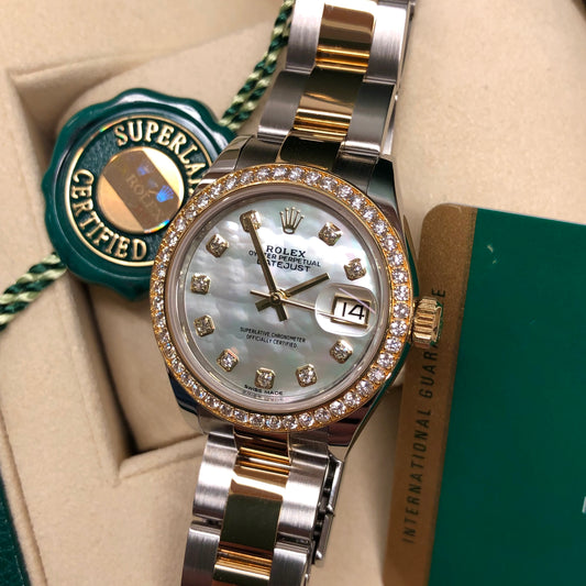 2019 Rolex Datejust 279383RBR Ladies Mother of Pearl Diamond Dial Bezel Oyster Two Tone Wristwatch Box Papers - Hashtag Watch Co.