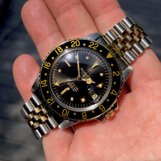 Vintage Rolex GMT MASTER 1675 Radial Dial Black Tiger Eye Nipple Two Tone Jubilee Bracelet Wristwatch Circa 1978 LNOS - Hashtag Watch Company