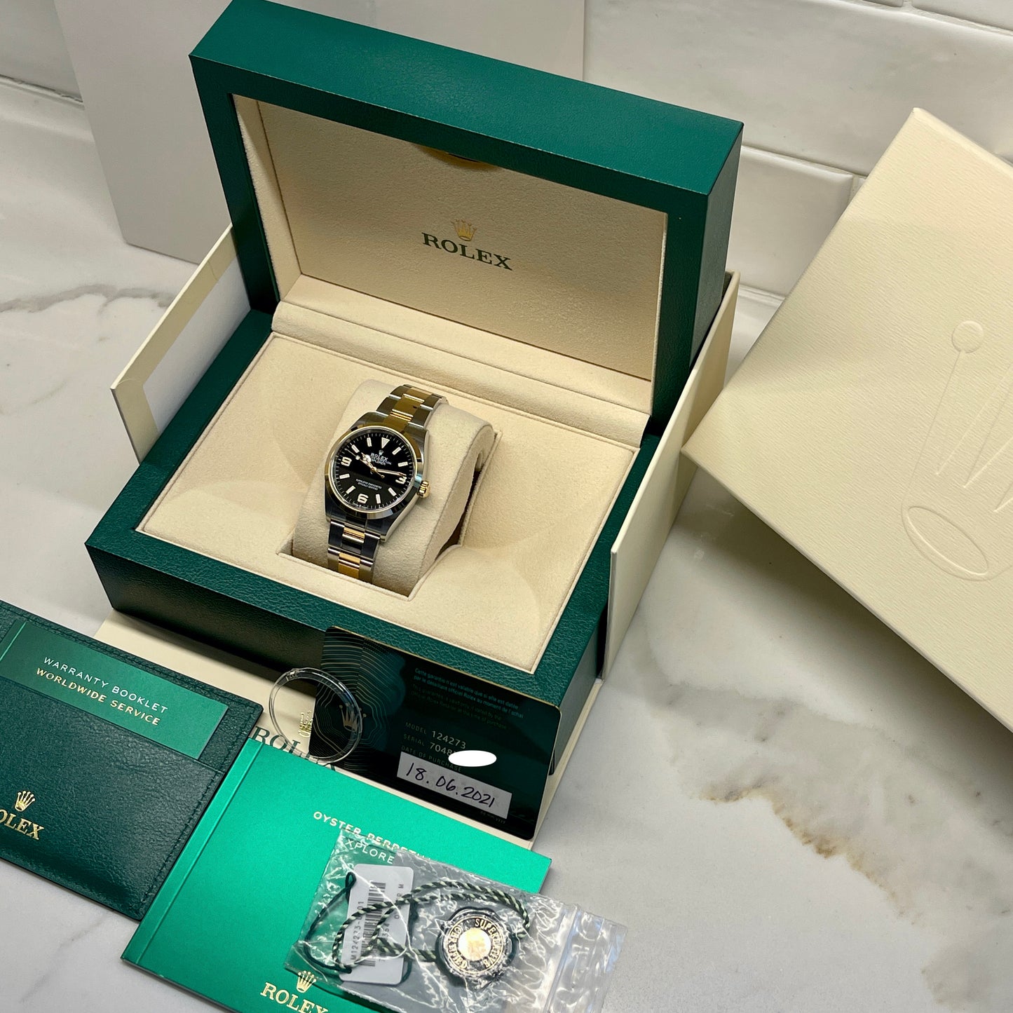 2021 Rolex Explorer 124273 Two Tone Steel Rolesor Gold Oyster Perpetual Steel Wristwatch Box Papers - Hashtag Watch Company