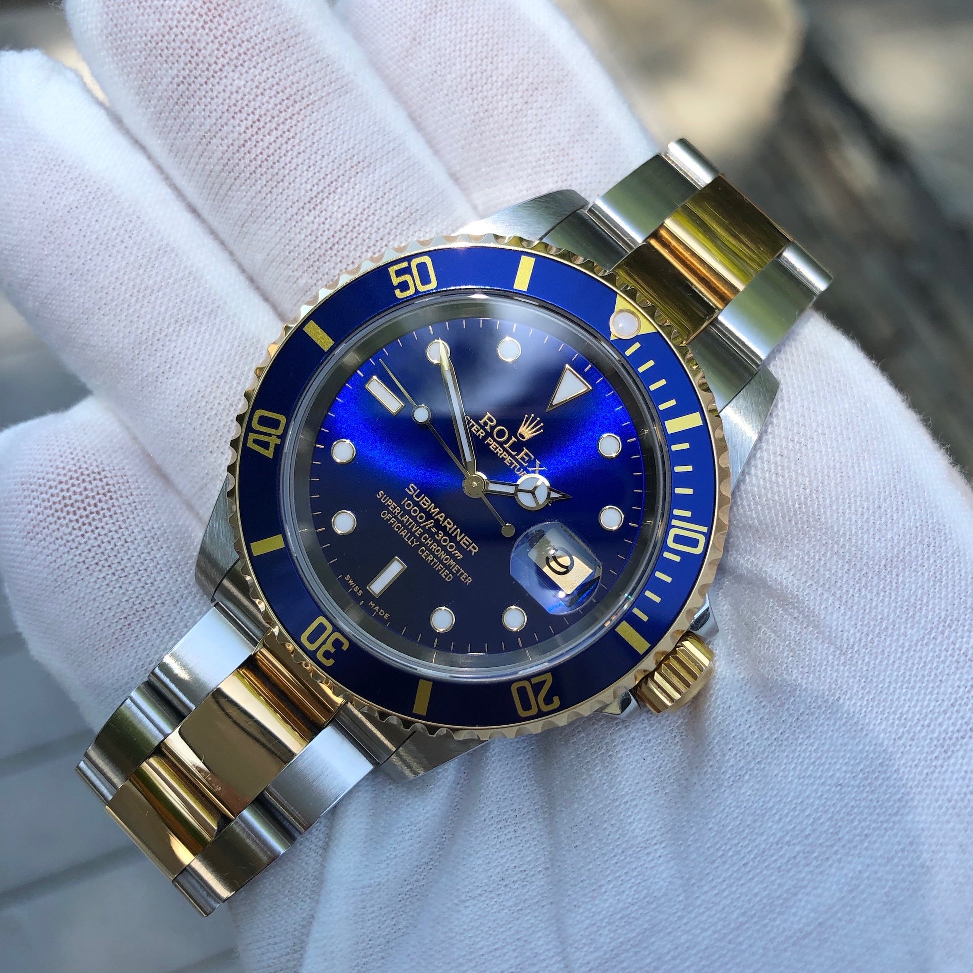 Rolex Submariner Date 16613 Blue Two Tone Stainless Steel Gold Wristwatch Box Papers Circa 2000 Unpolished - Hashtag Watch Company