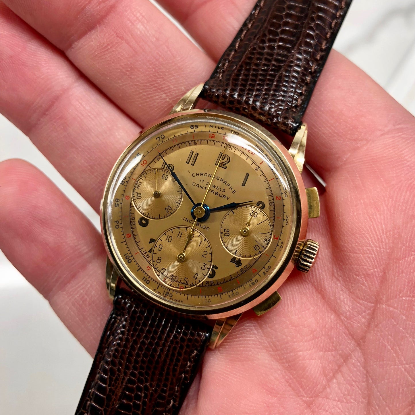 Vintage Canterbury 14K Yellow Gold Tri-Color Valjoux 72 Chronograph Wristwatch - Hashtag Watch Company