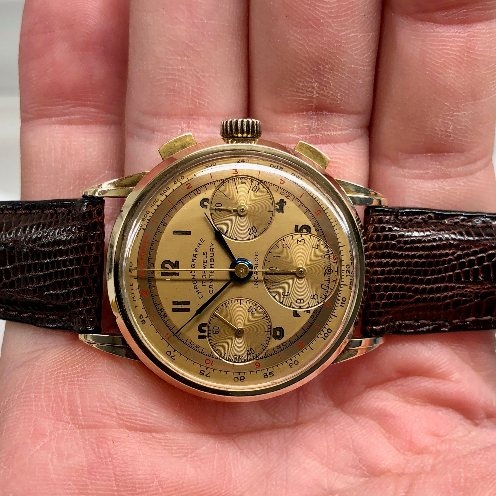 Vintage Canterbury 14K Yellow Gold Tri-Color Valjoux 72 Chronograph Wristwatch - Hashtag Watch Company