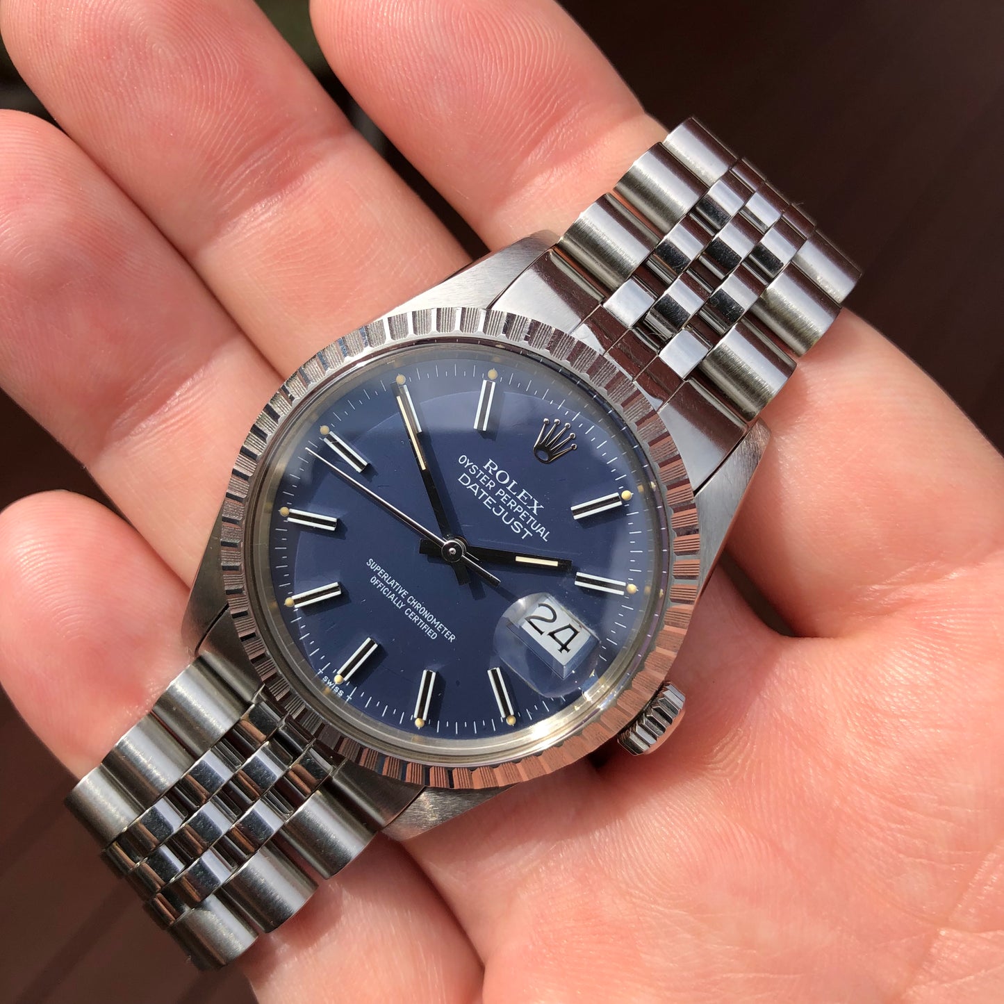 1985 Vintage Rolex Datejust 16030 Steel Blue Engine Turned Automatic Wristwatch - Hashtag Watch Company