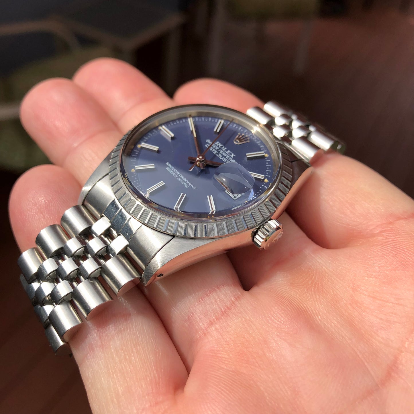 1985 Vintage Rolex Datejust 16030 Steel Blue Engine Turned Automatic Wristwatch - Hashtag Watch Company