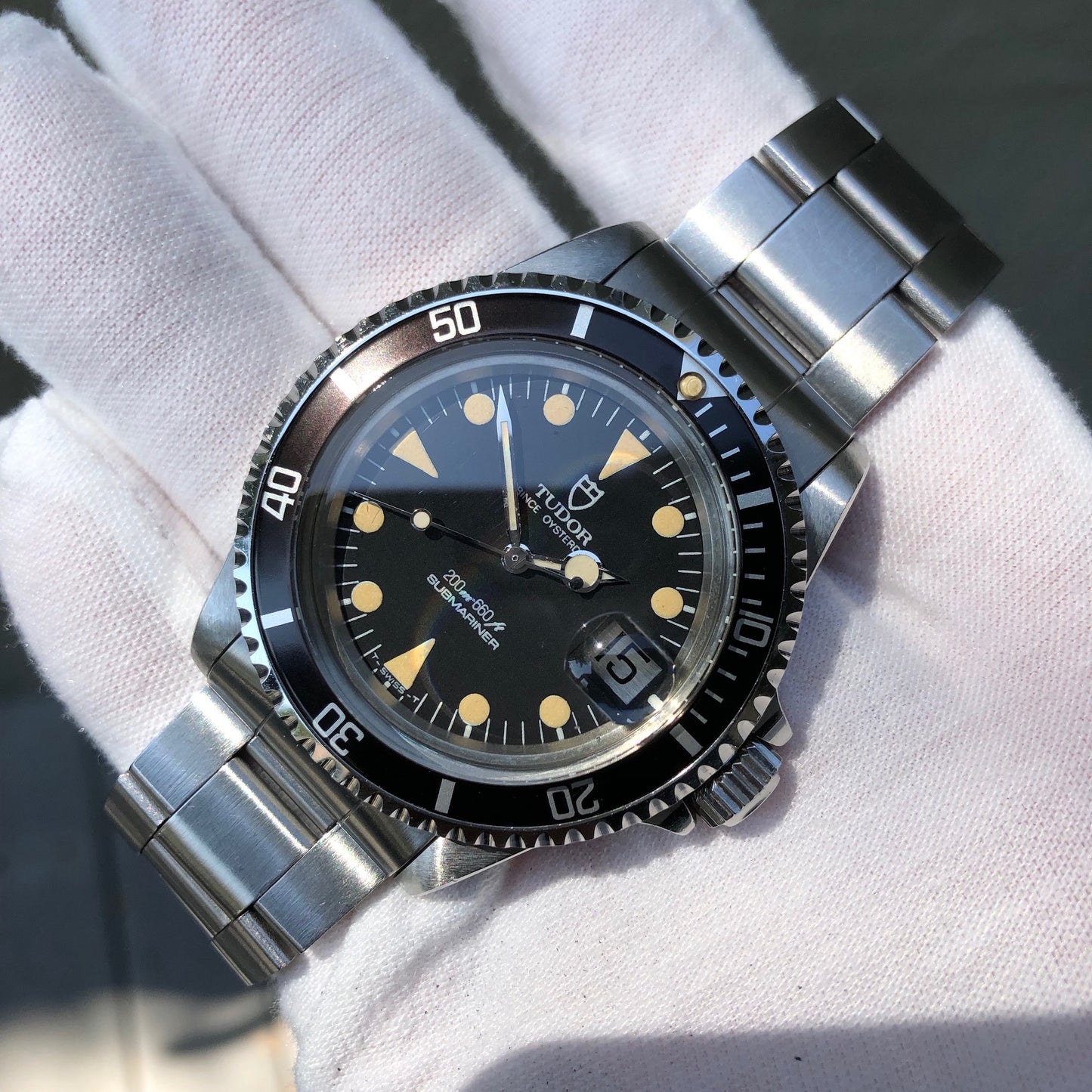 Vintage Tudor Submariner 76100 Lollipop Black Dial Tropical Wristwatch Papers Circa 1985 Unpolished - Hashtag Watch Company