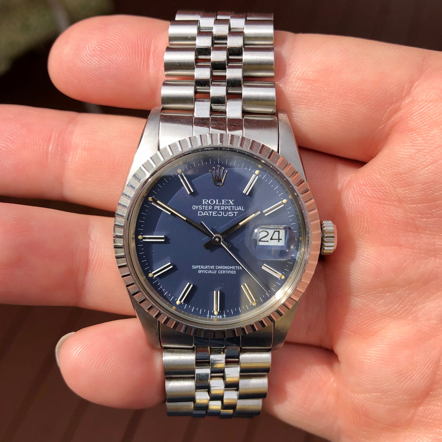 1985 Vintage Rolex Datejust 16030 Steel Blue Engine Turned Automatic Wristwatch - Hashtag Watch Company