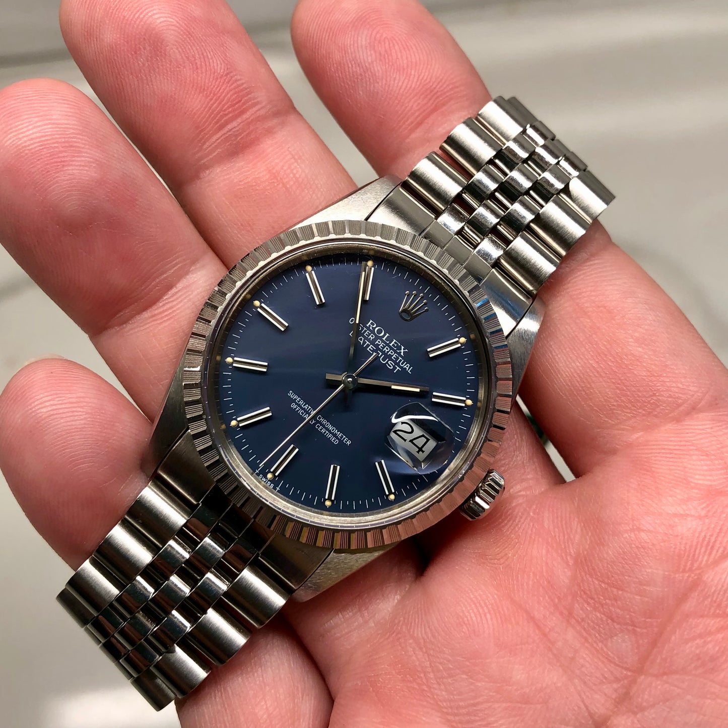 1985 Vintage Rolex Datejust 16030 Steel Blue Engine Turned Automatic Wristwatch - Hashtag Watch Company