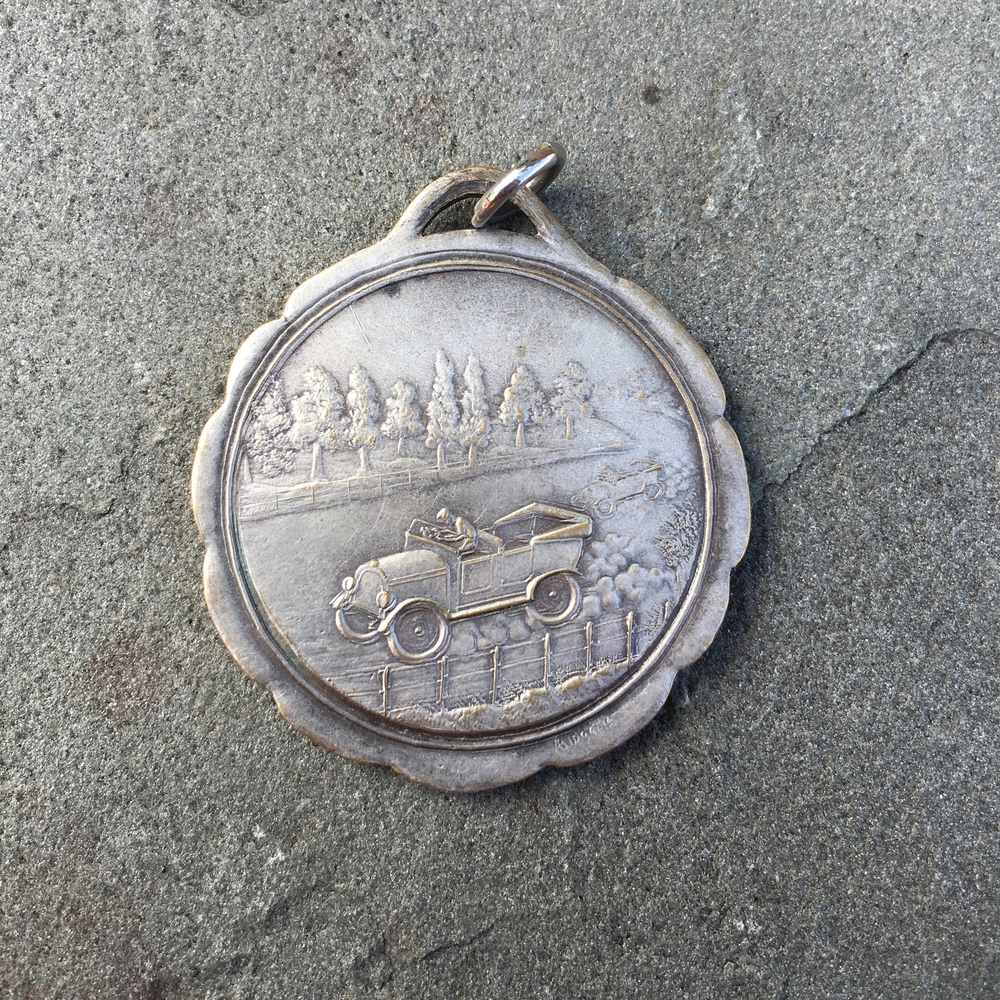 Vintage Antique Silver Racing Scene Pendant Circa Early 1900's - Hashtag Watch Company