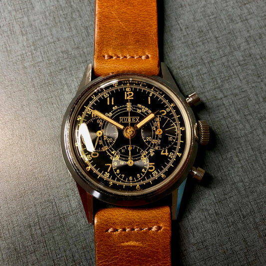 Vintage Hugex Stainless Steel Black Gilt Valjoux 72 Chronograph 37mm Wristwatch - Hashtag Watch Company