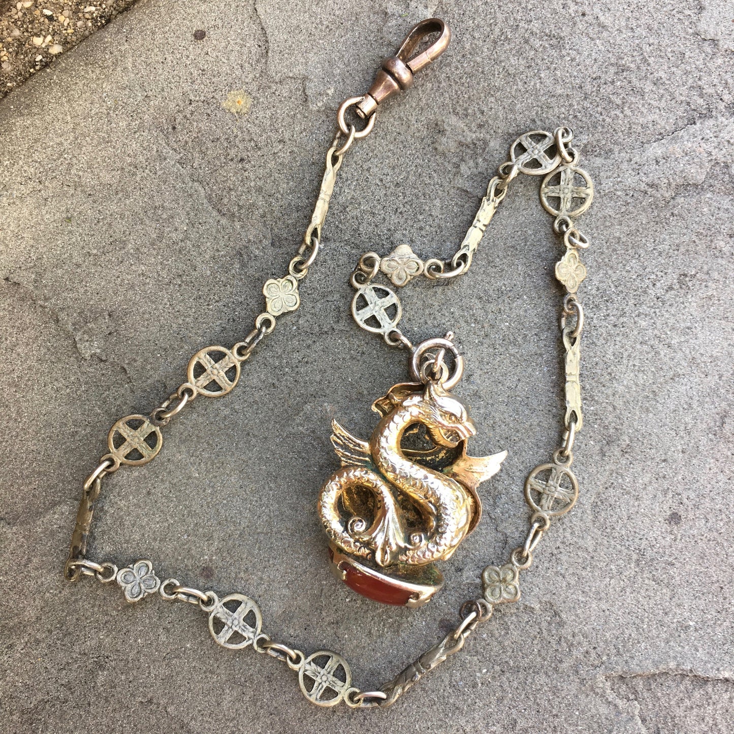 Vintage Antique Silver Decorative Dragon Carnelian Watch FOB Chain - Hashtag Watch Company