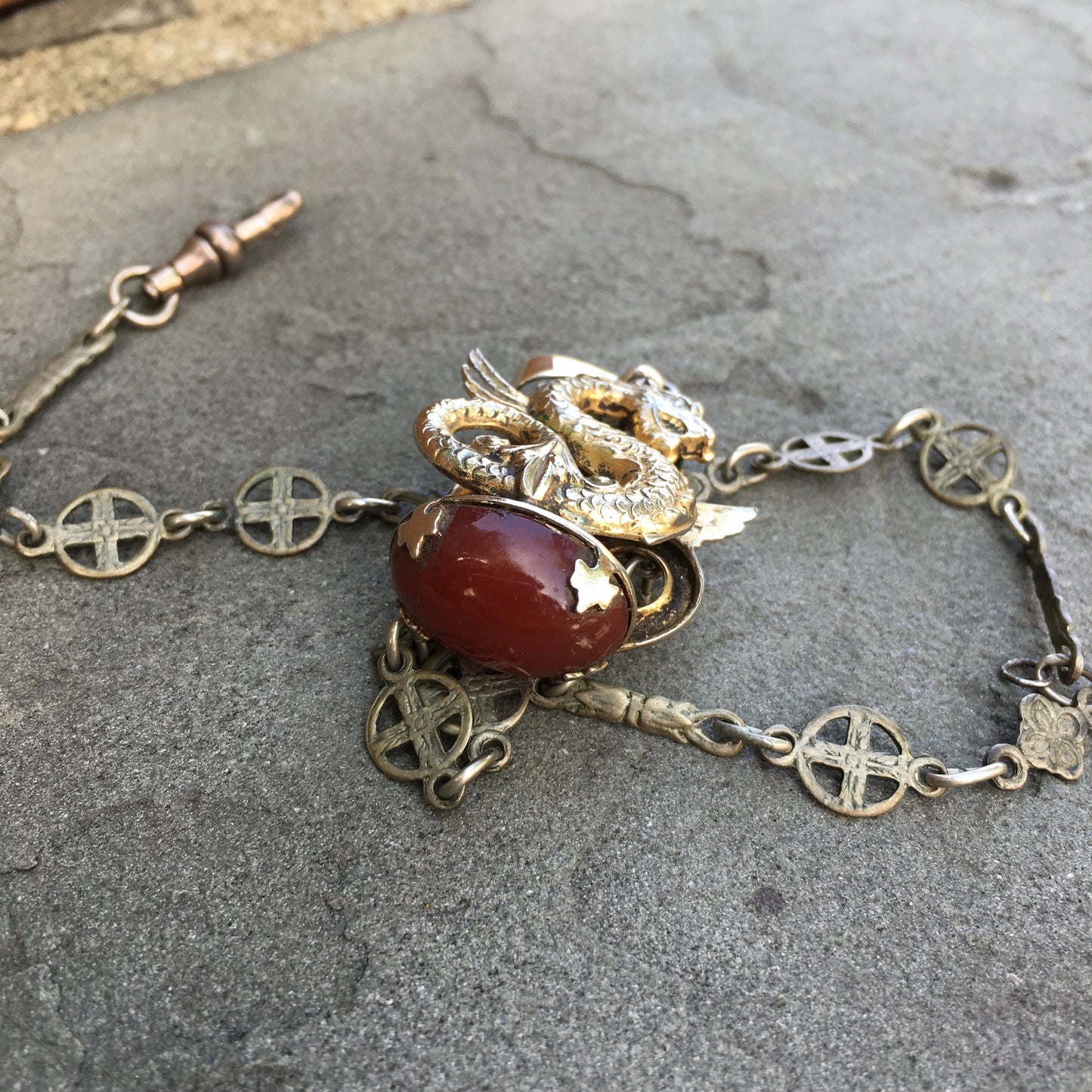 Vintage Antique Silver Decorative Dragon Carnelian Watch FOB Chain - Hashtag Watch Company