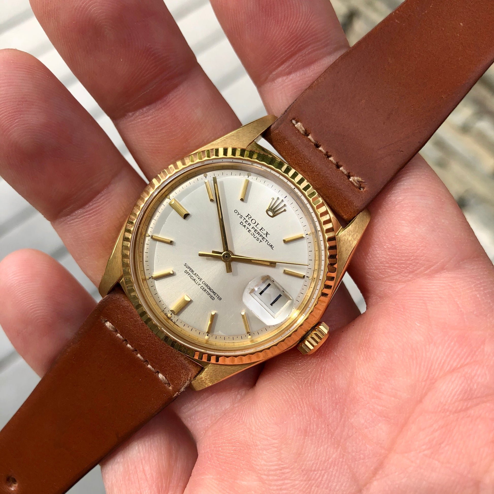 Vintage Rolex Datejust 1601 18K Yellow Gold Silver Automatic Wristwatch Circa 1969 - Hashtag Watch Company