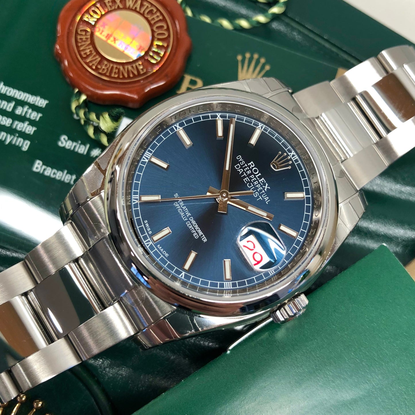 2014 Rolex Datejust 116200 Blue Oyster 36mm Smooth Bezel Wristwatch with Box and Papers Unworn Factory Wrapped - Hashtag Watch Company