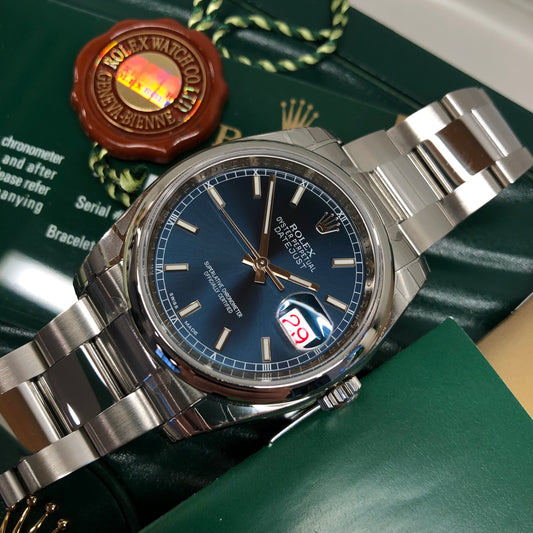 2014 Rolex Datejust 116200 Blue Oyster 36mm Smooth Bezel Wristwatch with Box and Papers Unworn Factory Wrapped - Hashtag Watch Company