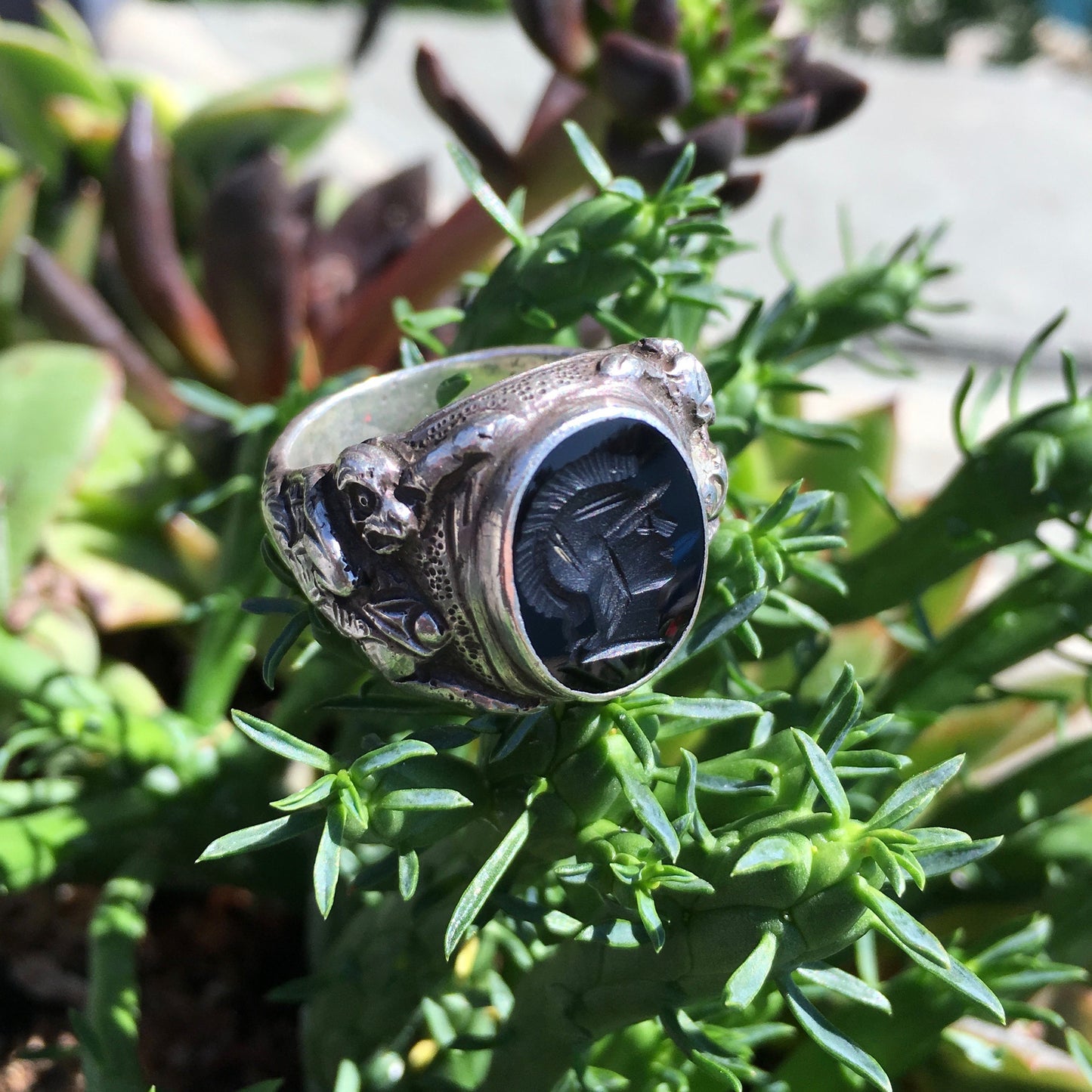 Vintage Antique Large Mens Silver Onyx Cameo Roman Decorative Ring - Hashtag Watch Company