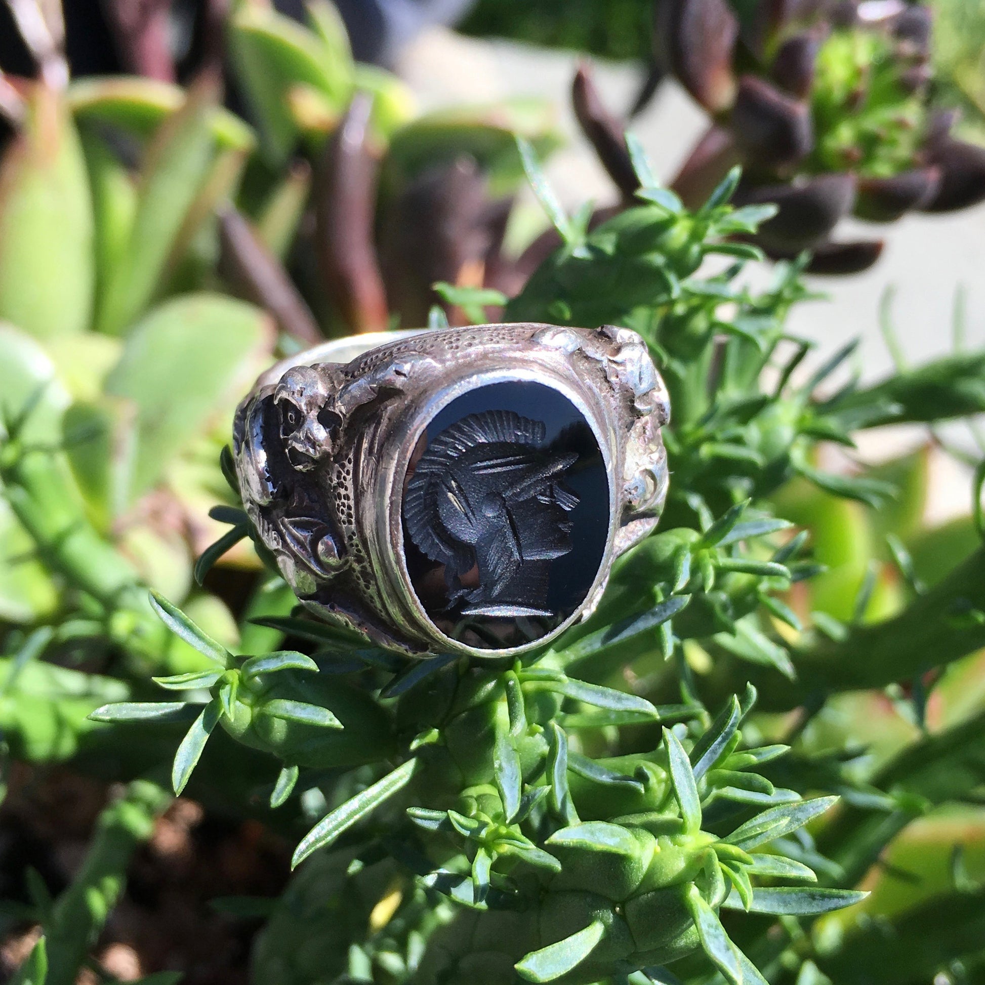 Vintage Antique Large Mens Silver Onyx Cameo Roman Decorative Ring - Hashtag Watch Company