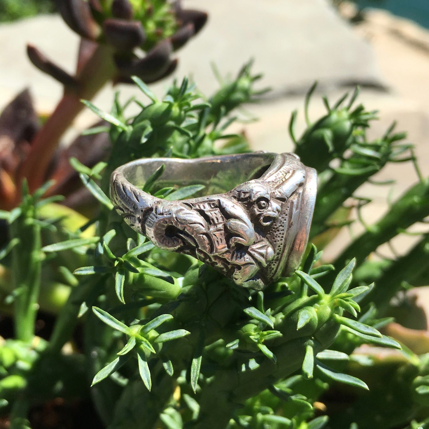 Vintage Antique Large Mens Silver Onyx Cameo Roman Decorative Ring - Hashtag Watch Company