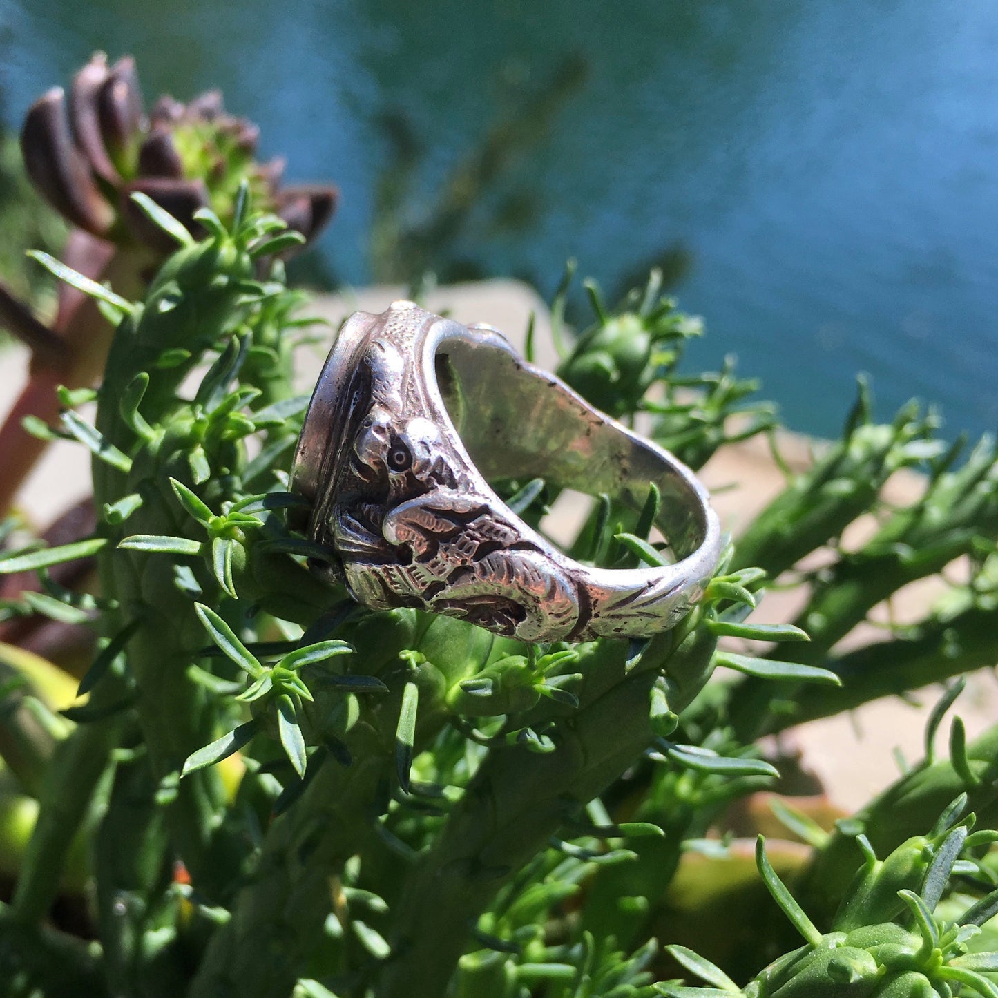 Vintage Antique Large Mens Silver Onyx Cameo Roman Decorative Ring - Hashtag Watch Company